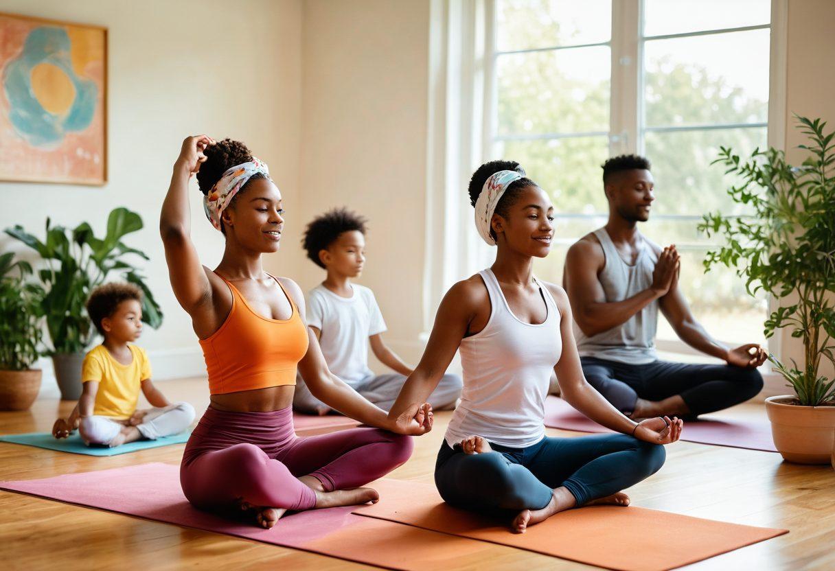A series of diverse individuals, including a woman with a headscarf, a man with a supportive partner, and a child, all showing strength and hope as they engage in wellness activities like yoga, meditation, and healthy cooking in a bright, uplifting room filled with plants and natural light. The background features inspirational quotes and warm colors to create a sense of community and support. super-realistic. vibrant colors. soft focus.