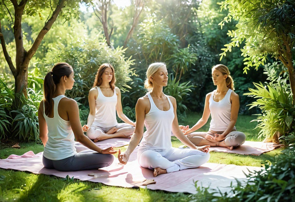 A serene landscape featuring a diverse group of people practicing holistic healing techniques, such as yoga and meditation, surrounded by lush greenery and soft sunlight. In the foreground, a gentle healer is attending to a patient with crystals and herbs, symbolizing alternative medicine's care for cancer. The atmosphere should be calming, with warm colors and harmonious elements of nature blending seamlessly into the scene. watercolor painting. soft pastel colors. serene ambiance.