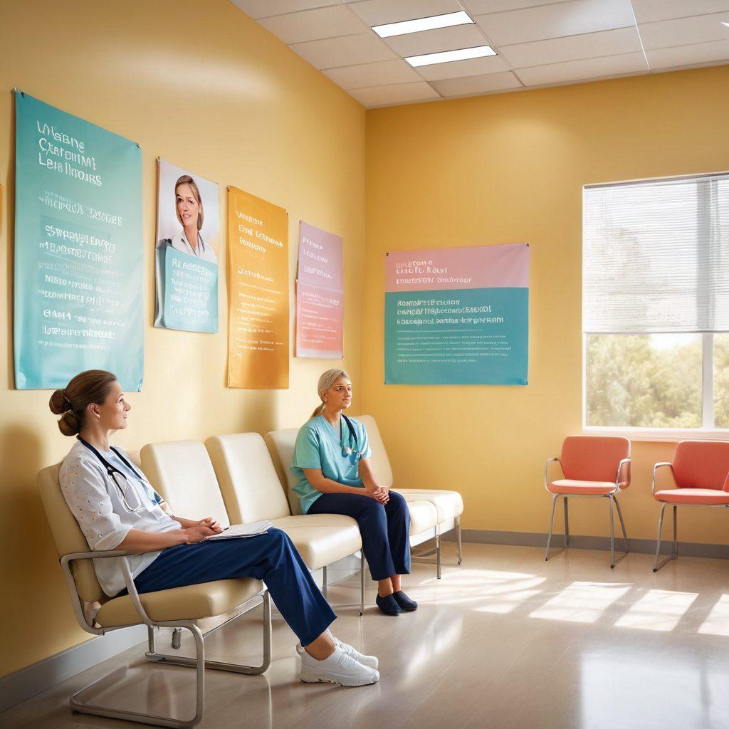 A serene and hopeful scene depicting a patient sitting confidently in a bright, modern oncology clinic, discussing treatment options with a compassionate doctor. The background shows supportive family members and colorful banners promoting awareness and empowerment. A soft sunlight bathes the room, symbolizing hope and healing. Vibrant colors, super-realistic.